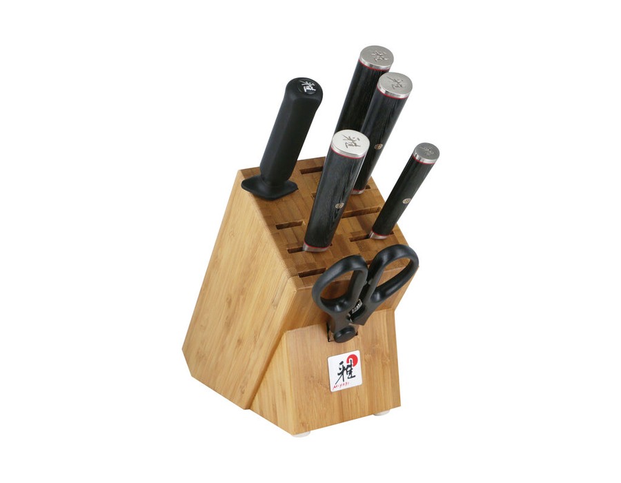 Miyabi Kaizen II 5000FCD 7-piece knife block set in natural bamboo block