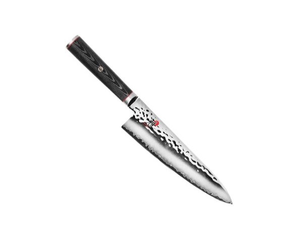 Miyabi Mizu SG2 8-inch chef knife with hammered blade and black handle